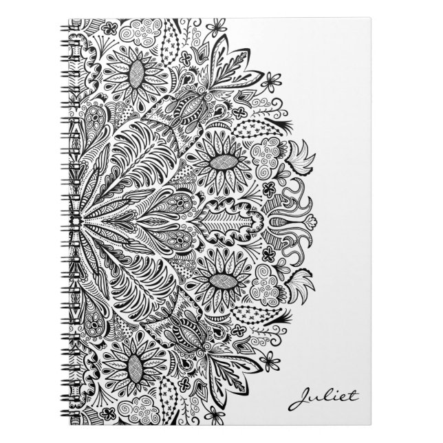 Elegant Floral Mandala Art Black and White Circle Notebook (Front)