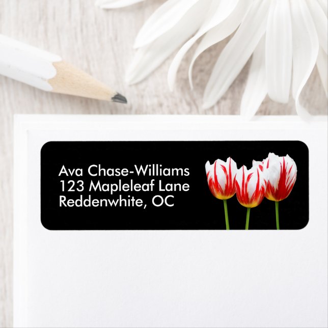 Elegant Floral Maple Leaf Red White Tulips Label (Insitu)