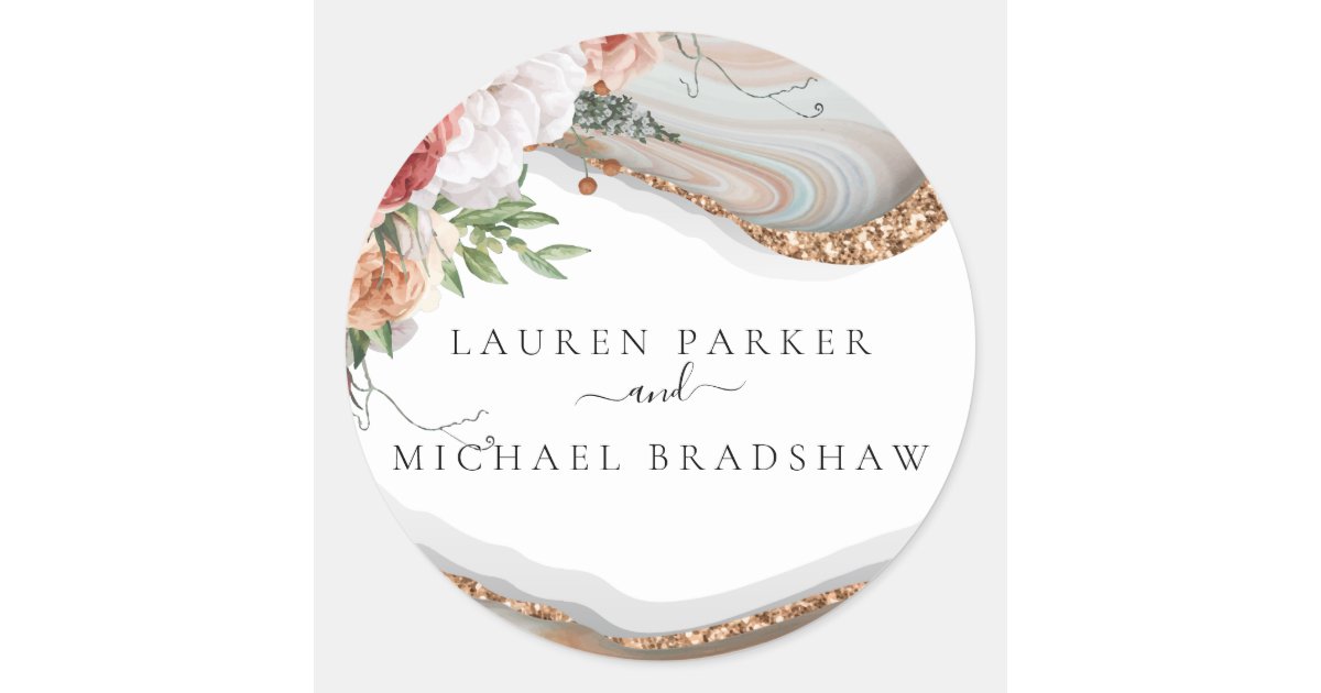 Elegant Floral Marble Glitter Wedding Classic Round Sticker | Zazzle