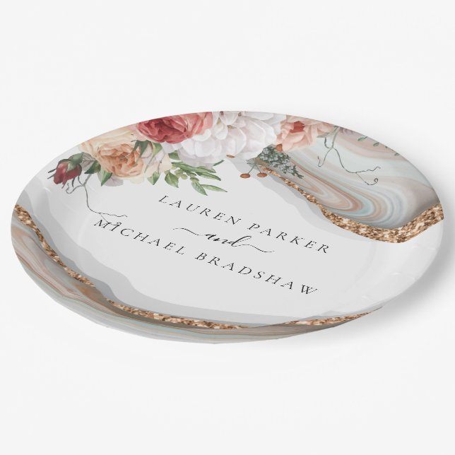 Elegant Floral Marble Glitter Wedding Luxury Paper Plates (Angled)