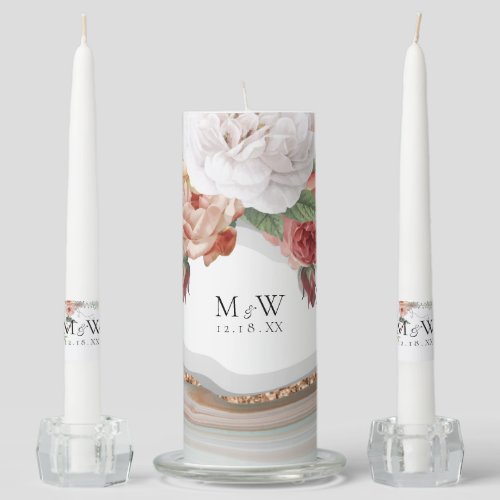 Elegant Floral Marble Glitter Wedding Unity Candle Set