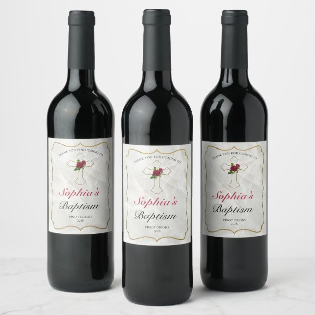 Elegant Floral Marble Gold Cross Baby Baptism Wine Label (Bottles)