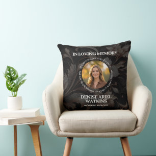 Elegant Floral Marble Memorial Remembrance Photo Throw Pillow
