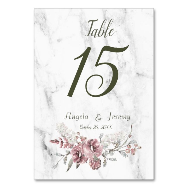 Elegant Floral Marble Watercolor Wedding Table Number (Back)
