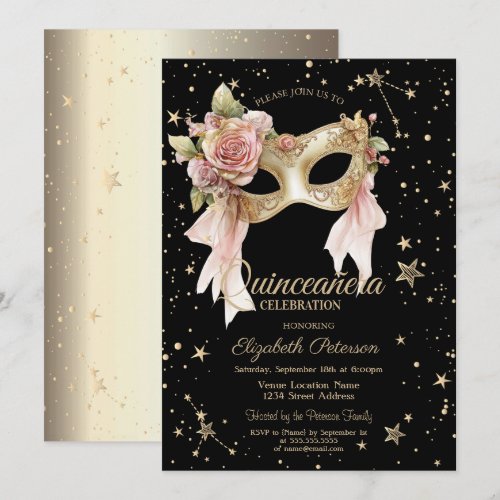 Elegant Floral Masque Stars Black Gold Quinceañera
