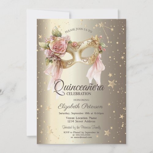 Elegant Floral Masque Stars Gold Quinceañera