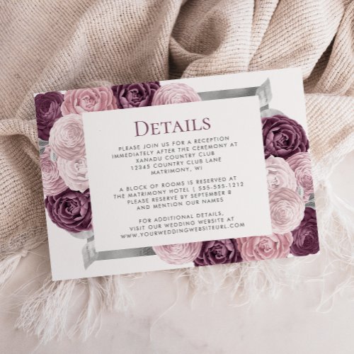 Elegant Floral Mauve Blush Silver Wedding Details Enclosure Card