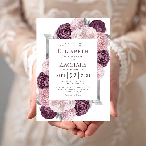 Elegant Floral Mauve Blush Silver Wedding Invitation