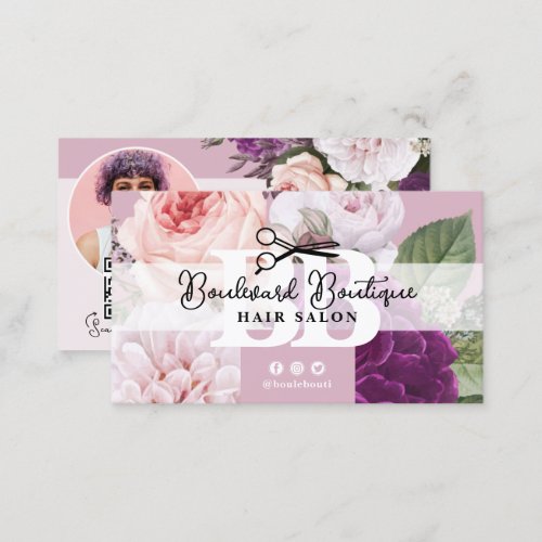 Elegant Floral Mauve Hair Salon Stylist Photo QR Business Card