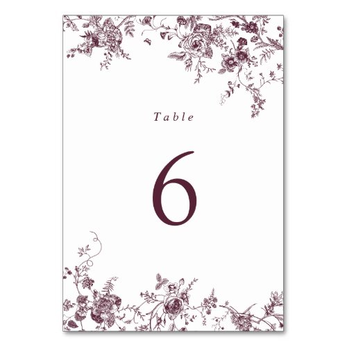 Elegant Floral Merlot Vintage Wedding Table Number