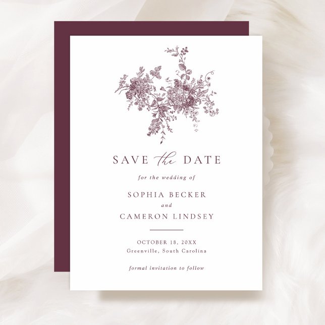 Elegant Floral Merlot Wedding Save the Date Invitation (Creator Uploaded)