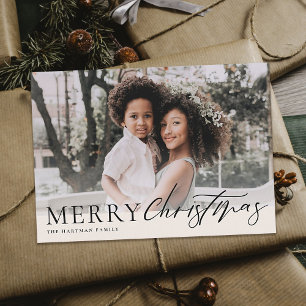 Elegant Floral Merry Christmas Black Ivory Photo Holiday Card
