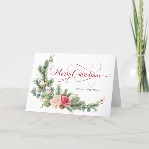 Elegant Floral Merry Christmas Calligraphy Holiday Card