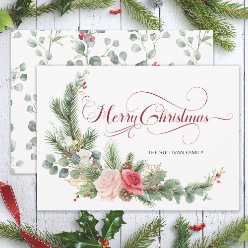 Elegant Floral Merry Christmas Calligraphy Holiday Card