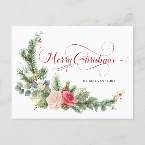 Elegant Floral Merry Christmas Calligraphy Holiday Postcard