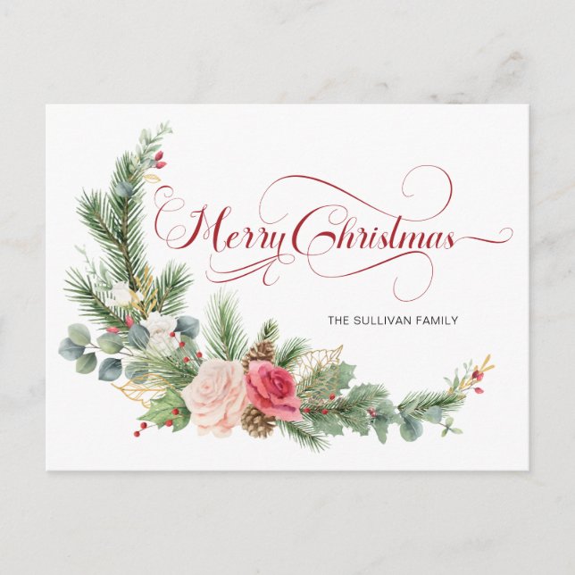 Elegant Floral Merry Christmas Calligraphy Holiday Postcard (Front)