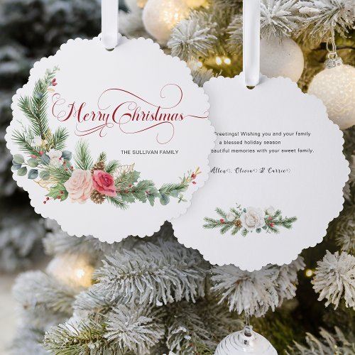 Elegant Floral Merry Christmas Calligraphy Ornament Card