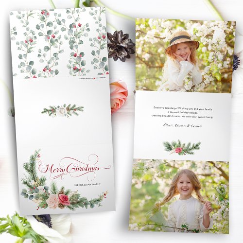 Elegant Floral Merry Christmas Calligraphy Tri_Fold Holiday Card