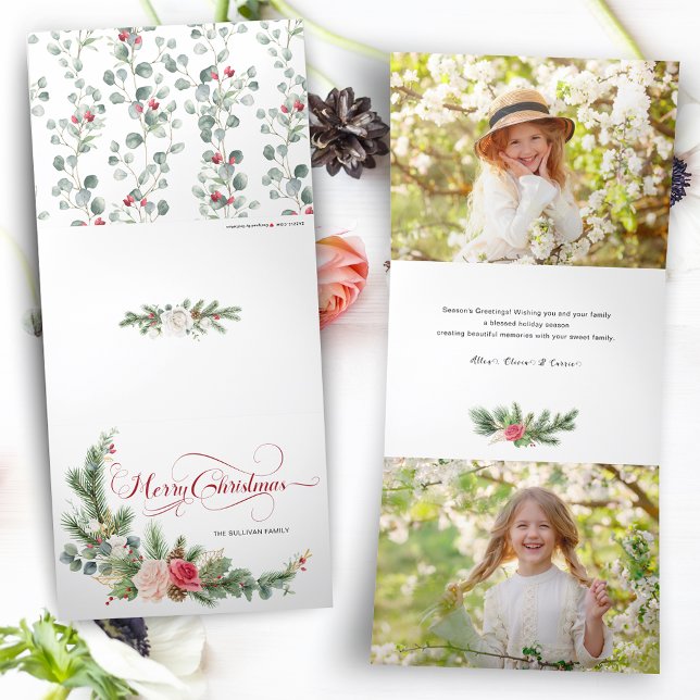 Elegant Floral Merry Christmas Calligraphy Tri-Fold Holiday Card (Creator Uploaded)