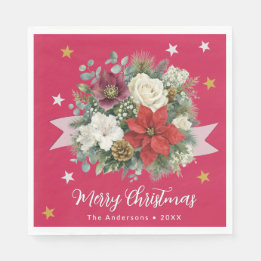 Elegant Floral Merry Christmas Custom Holiday Napkins