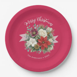 Elegant Floral Merry Christmas Custom Holiday Paper Plates