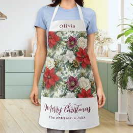 Elegant Floral Merry Christmas Custom Name Apron