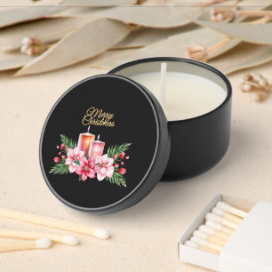 Elegant Floral Merry Christmas on Black Mini Candle Favors