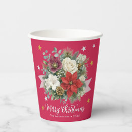 Elegant Floral Merry Christmas Personalized Paper Cups