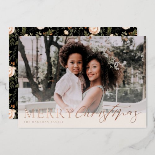 Elegant Floral Merry Christmas Photo Foil Holiday Card