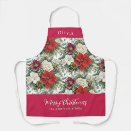 Elegant Floral Merry Christmas Red Custom Name Apron