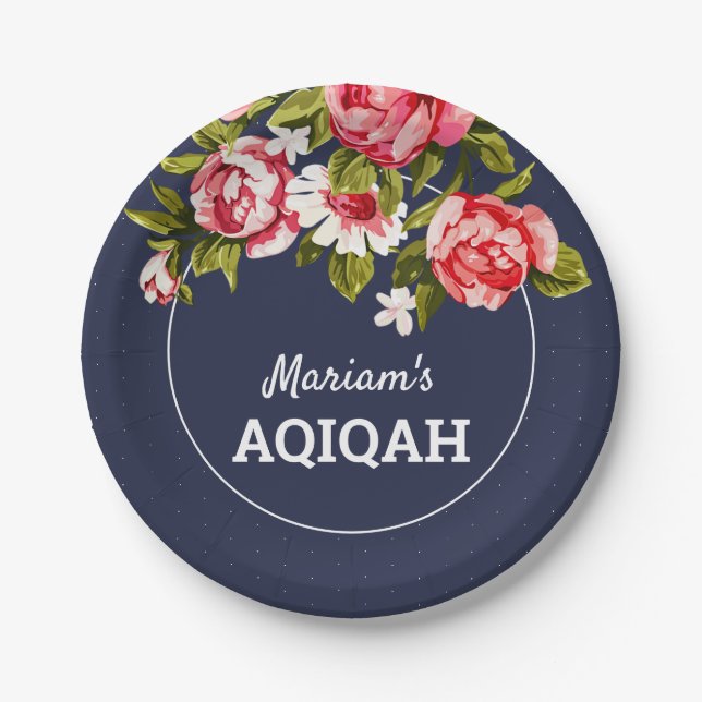 Elegant Floral Midnight Blue Baby Girl Aqiqah Paper Plates (Front)