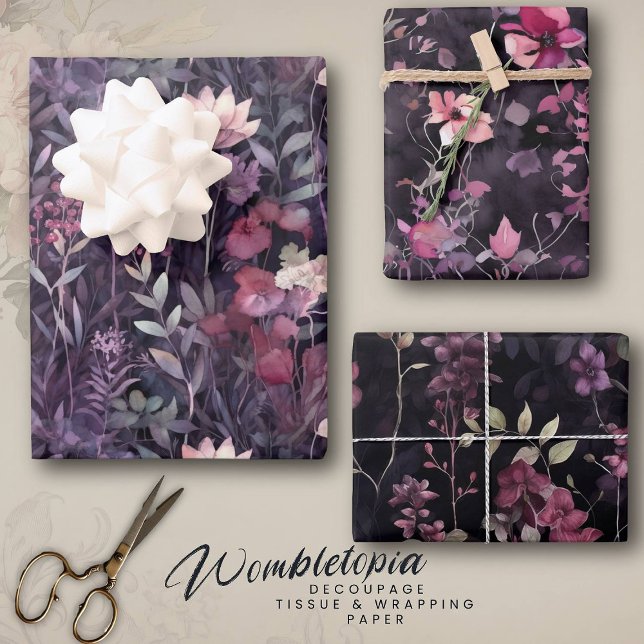 Elegant Floral Midnight Garden Pink Purple Wrapping Paper Sheets (Creator Uploaded)