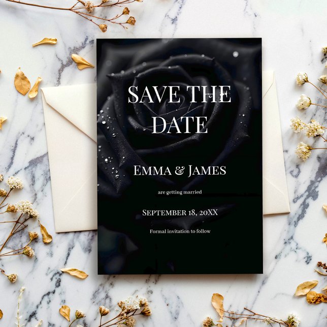 Elegant Floral Midnight Rose Black & White Wedding Save The Date (Creator Uploaded)