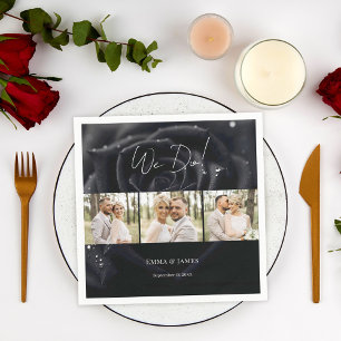 Elegant Floral Midnight Rose Photo Collage Wedding Napkins