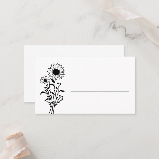 Elegant Floral Minimalist Black White Wedding      Place Card (Front/Back In Situ)