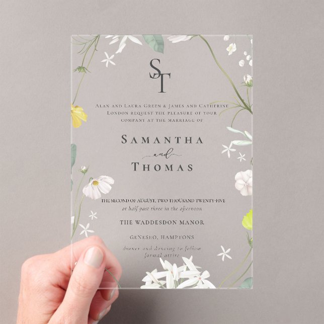 Elegant floral Minimalist Initials Wedding  Acrylic Invitations (Insitu (Handheld))