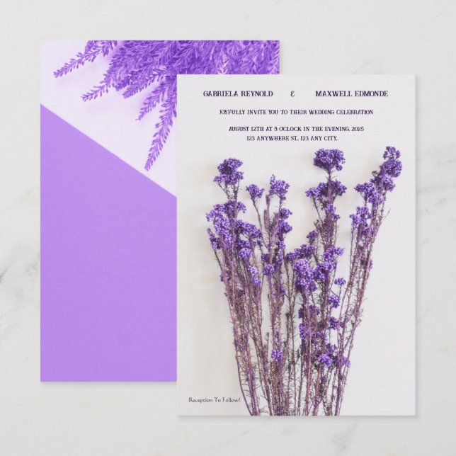 Elegant Floral Minimalist Purple Lavender Wedding Invitation (Front/Back)