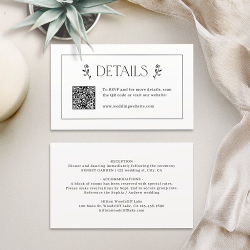 Elegant Floral Minimalist QR Code Mini Details  Place Card