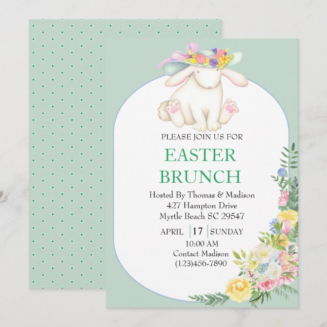 Elegant Floral Mint Green Easter Brunch Invitation (Front/Back)