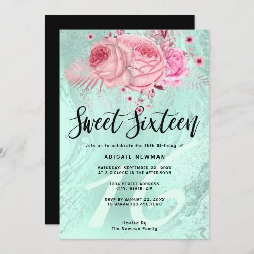 Elegant floral mint green glitter sweet sixteen invitation