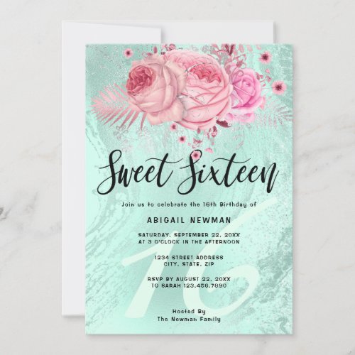 Elegant floral mint green glitter sweet sixteen invitation