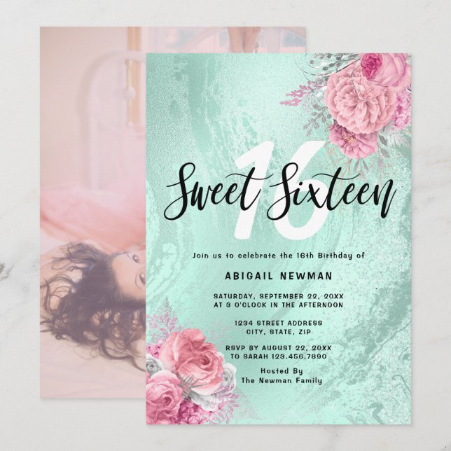 Elegant floral mint green glitter sweet sixteen invitation (Front/Back)