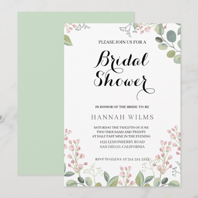 Elegant & Floral Minty Green  Bridal Shower Invitation (Front/Back)