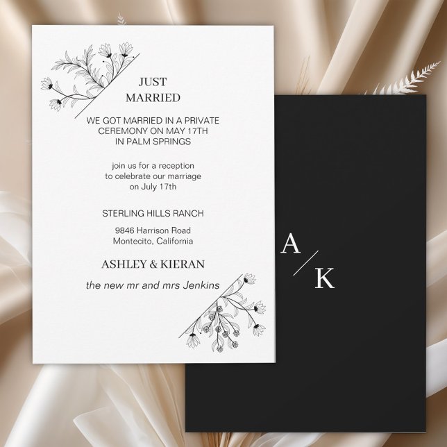 Elegant Floral Modern Black and White Just Married Invitation (Creator Uploaded)