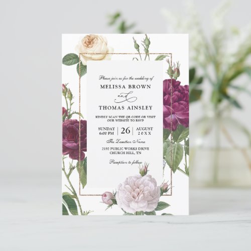 Elegant Floral Modern Budget QR Code Wedding Invitation