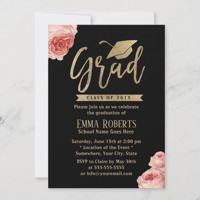 Elegant Floral Modern Gold Graduation Party Invitation (Front)