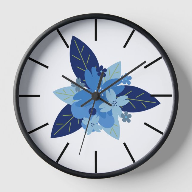 Elegant Floral Monochromatic Blue Design Clock (Front)
