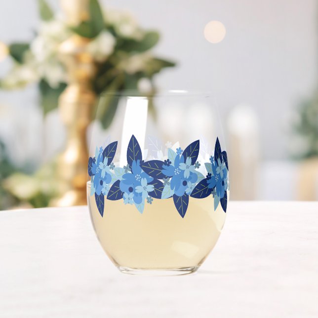 Elegant Floral Monochromatic Blue Design Stemless Wine Glass (Insitu (Wedding))
