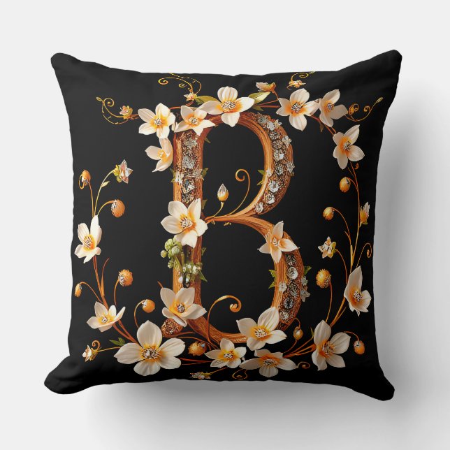 Elegant Floral Monogram B with Intricate Design Throw Pillow (Front)