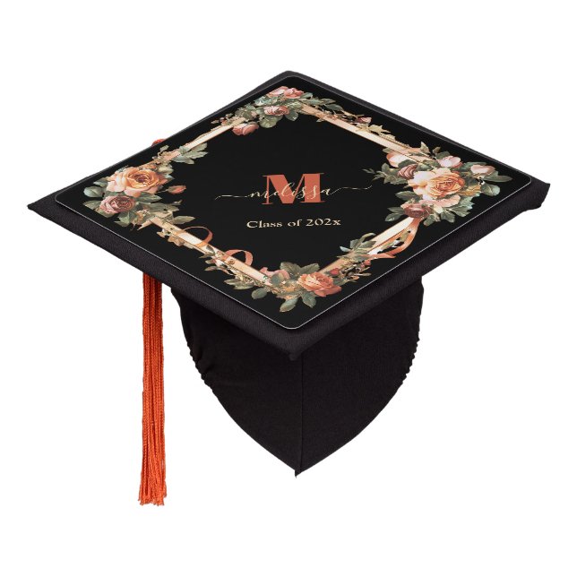 Elegant Floral Monogram Class of 2025 Graduation Cap Topper (Angled)